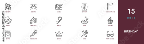 Set of 15 outline web Birthday icons such as party glasses, sing, crown, fire cracker, chote, cupcake, kiss vector icons for report, presentation, diagram, web design, mobile app
