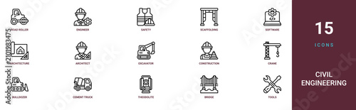Set of 15 outline web Civil Engineering icons such as tools, bridge, theodolite, cement truck, bulldozer, crane, construction worker vector icons for report, presentation, diagram, web design,