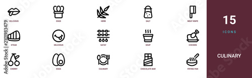 Set of 15 outline web Culinary icons such as frying pan, chocolate bar, culinary, eggs, cherry, chicken, soup vector icons for report, presentation, diagram, web design, mobile app