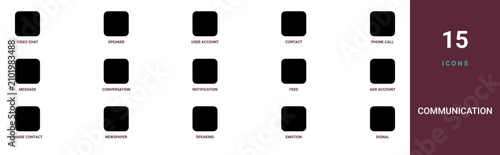 Set of 15 outline web Communication icons such as signal, emotion, speaking, newspaper, share contact, add account, feed vector icons for report, presentation, diagram, web design, mobile app