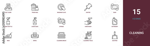 Set of 15 outline web Cleaning icons such as dustpan, cleaning tools, cleaning brush, wipes, iron, detergent, hand wash vector icons for report, presentation, diagram, web design, mobile app