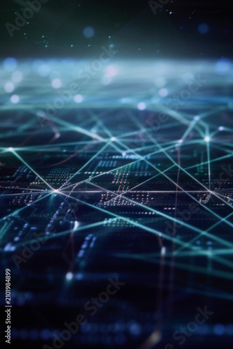 Abstract digital network and data flow background with technology connections and light trails