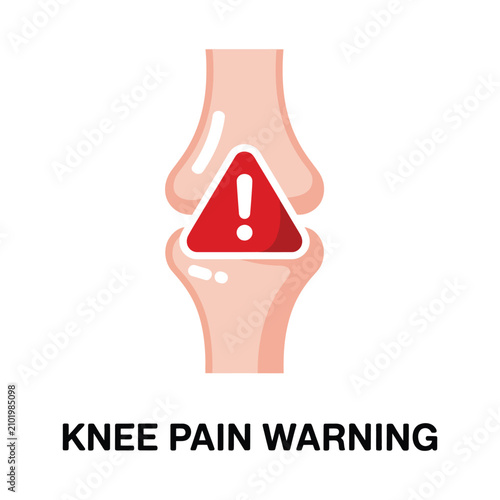 Medical depicting knee joint pain warning with a red triangle hazard symbol over human anatomy for orthopedic healthcare and clinical diagnosis