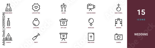 Set of 15 outline web Wedding icons such as camera, bible book, love board, party and celebration, church, wedding decoration, necklace jewellery vector icons for report, presentation, diagram, web