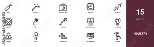 Set of 15 outline web Industry icons such as riveter, solar energy, insulating tape, diode, danger, light bulb, electric meter vector icons for report, presentation, diagram, web design, mobile app