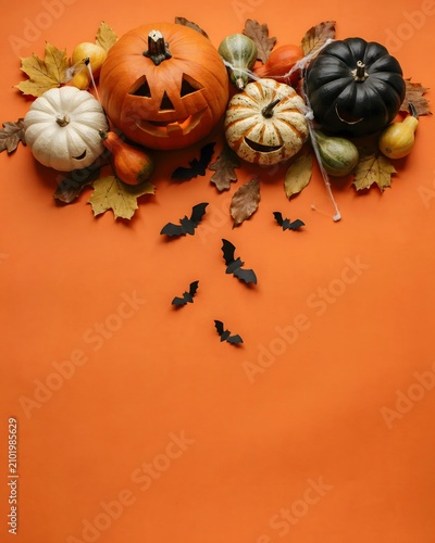 Festive halloween still life with pumpkins bats and autumn leaves on a vibrant orange background