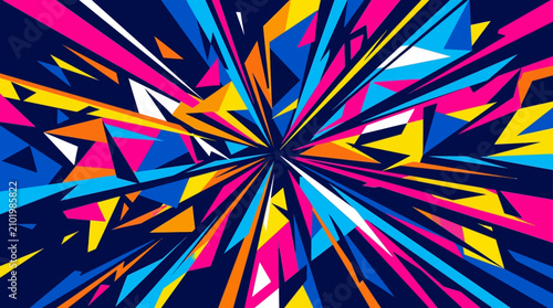 A vibrant explosion of colorful geometric shapes creates a dynamic and energetic abstract background, perfect for modern design projects.