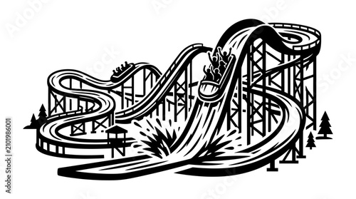 Foto A black and white illustration of a rollercoaster with a steep drop and sharp turns