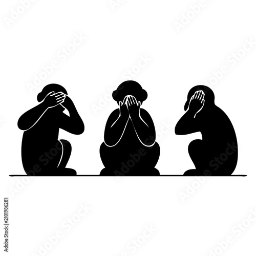 See no evil, hear no evil, speak no evil monkeys. Three wise monkeys sitting in a row.