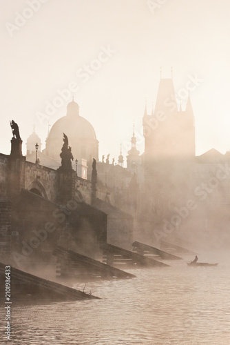 Photography Charles Bridge in Prague at Sunrise, Morning fog and Mystic light