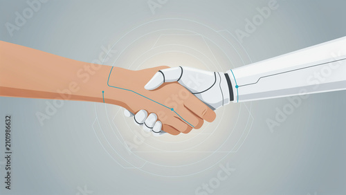 Flat Vector Illustration of Human and Robot Handshake for AI Technology Partnership