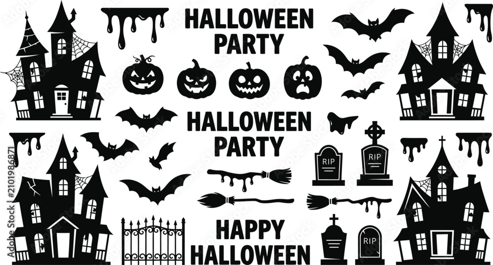 Fototapeta premium Spooky halloween day decorations bats pumpkins haunted houses tombstones vector set