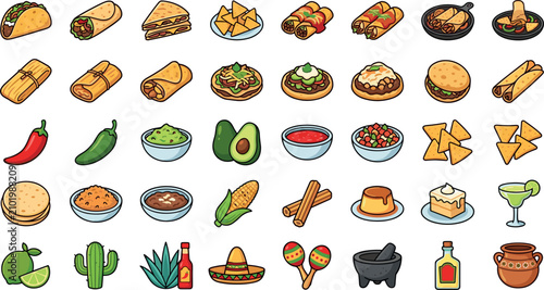 Obraz na płótnie Mexican Food Icons Collection Featuring Tacos Burritos Nachos Quesadillas Guacam