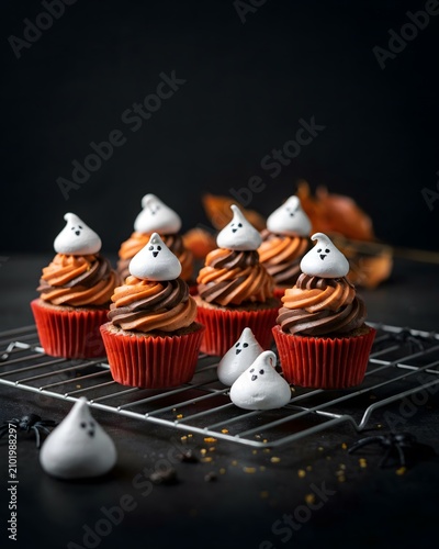 Spooky halloween cupcakes with ghost meringue toppings on a cooling rack dark and moody aesthetic
