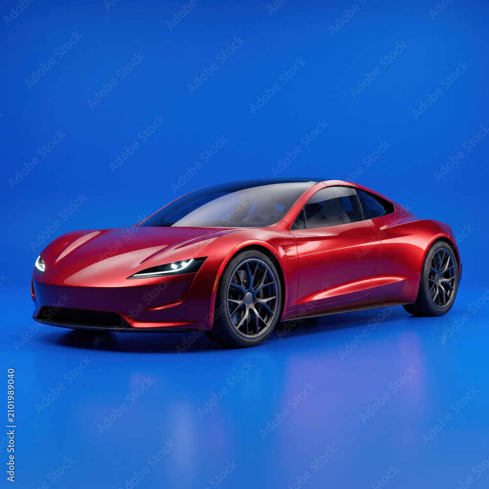 Naklejka premium Sleek, metallic red electric sports car over blue background, studio shot.
