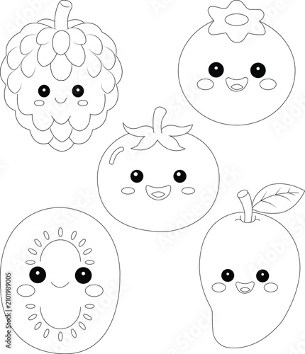 Very cute fruits coloring page . 5 fruits in one coloring page 