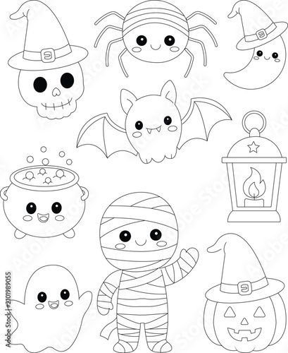 Very cute hallo ween coloring page , 9 spooky things in one coloring page