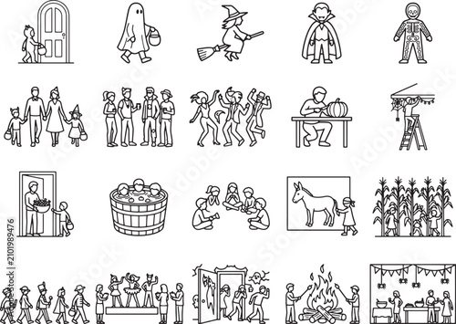 A collection of hand-drawn line art illustrations depicts various scenes related to autumn celebrations, including trick-or-treating, Halloween costumes, harvest activities, and social gatherings.