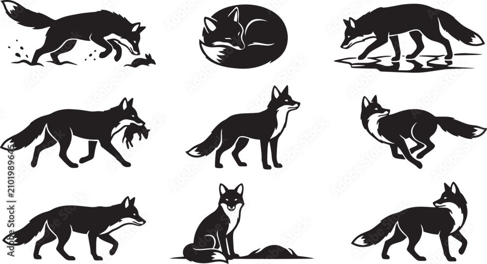 Fototapeta premium Fox Hunting and Wildlife Poses Black Silhouette Vector Icon Collection