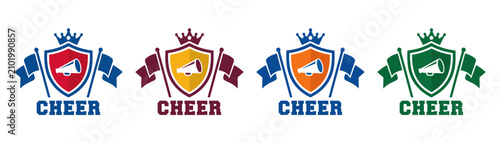 Tableau sur toile Vector Cheer Megaphone Shield and Crown Logo Set in Blue Red Gold and Green Athl