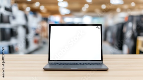 Frontal view of a laptop with blank white screen on a wooden table, blurred retail store background, minimalist digital mockup for e-commerce,technology, template