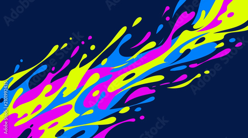 Energetic abstract splashes of neon yellow, electric blue, and hot pink paint create a vibrant, modern background design on a deep blue canvas.