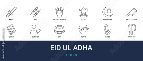Foto Set of 12 outline web Eid Ul Adha icons such as knife set, dates, plane, cap, bu