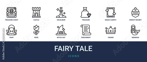 Set of 12 outline web Fairy Tale icons such as mermaid, crown, parchment, witch hat, rose, fairy, knight helmet vector icons for report, presentation, diagram, web design, mobile app