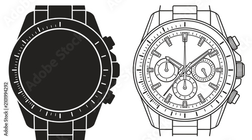 Obraz na płótnie Wristwatch Line Art On White Background Detailed Chronograph Design