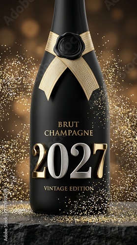 Elegant matte black champagne bottle featuring golden twenty twenty seven text with sparkling festive gold dust