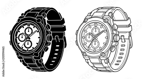 Foto Wristwatch Line Art Illustration With Chronograph Black And White