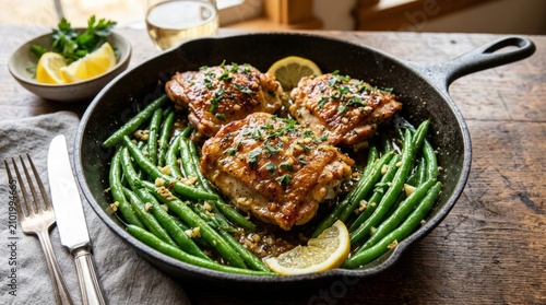 Grilled salmon fillet served with fresh green asparagus and lemon wedge on plate.
