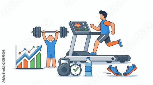 Men exercising with weights running and progress graph