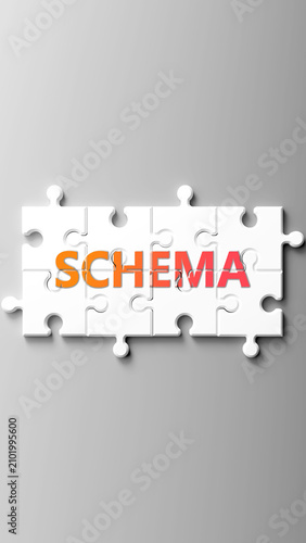 Schema complex like a puzzle - pictured as word schema on a puzzle pieces to show that schema is complex and needs cooperating pieces that fit together. ,3d illustration