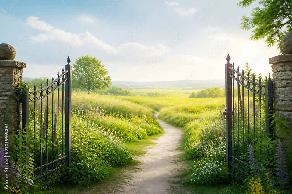Obraz premium A dirt path winds through a vibrant green meadow bordered by ornate black iron gates and stone pillars under a bright sky.