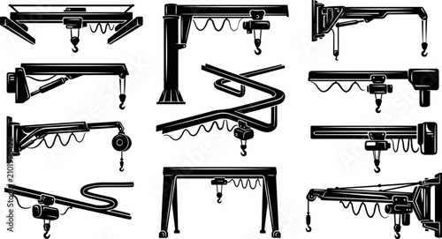 Tableau sur toile Set of various industrial overhead crane icons in flat black silhouette style