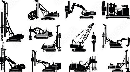 Obraz na płótnie Industrial drilling and piling construction machinery silhouettes collection