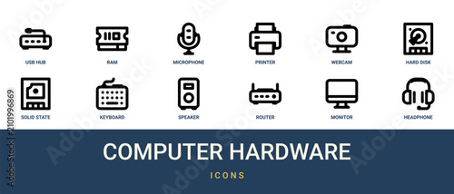 Photography Set of 12 outline web Computer Hardware icons such as headphone, monitor, router