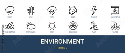 Konstfotografi Set of 12 outline web Environment icons such as wastes, plant, conscience, sunny