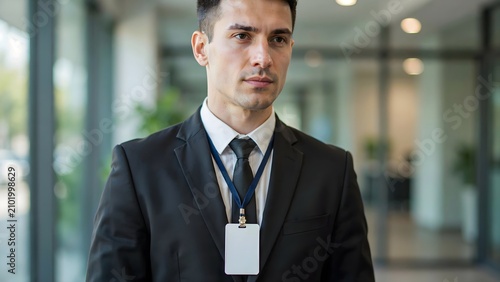 Men in black suit wearing blank id card