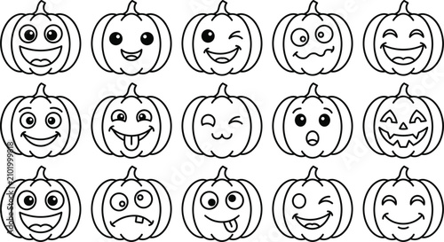 Photos Cute kawaii halloween pumpkin jack o lantern coloring page outline character vec