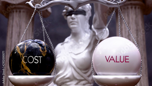 Cost or Value as a choice, two options to choose from. Greek statue presenting two alternatives: cost or value, weighing their values. Looking at pros and cons. ,3d illustration