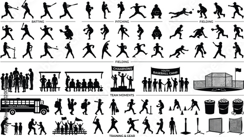 Fotografie Baseball player silhouette vector set featuring batting pitching fielding actions team training equipment bus bleachers coaches and fans icon mega collection
