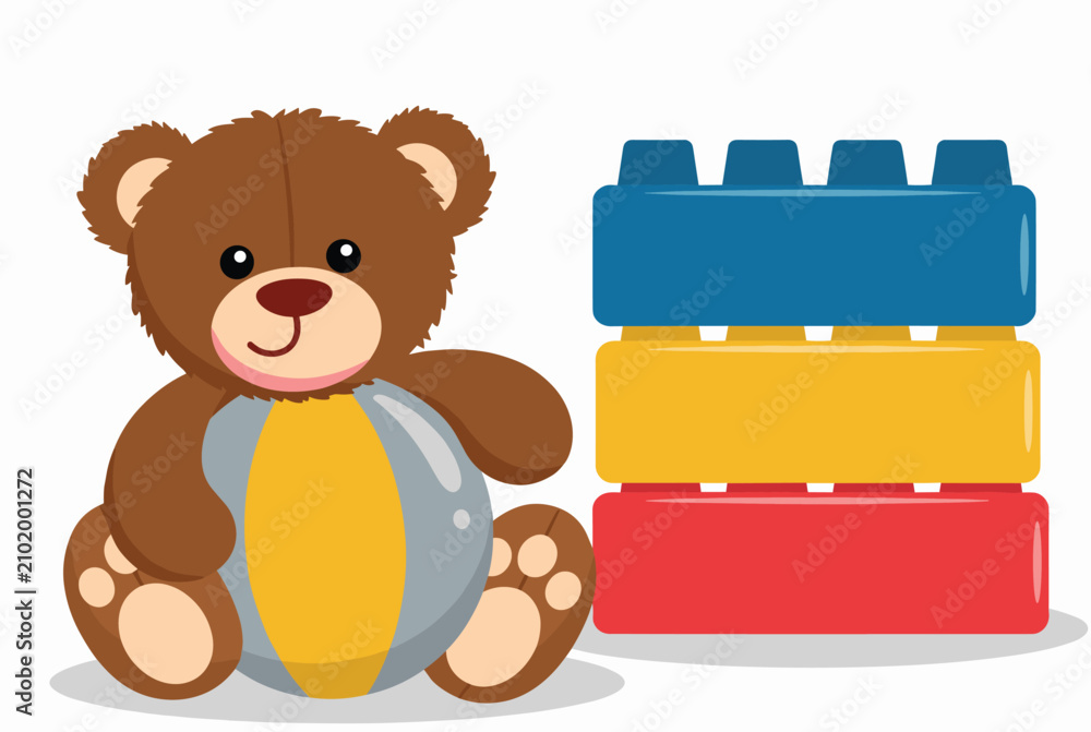 Fototapeta premium Charming plush teddy bear sitting with a colorful toy ball next to a tall tower of plastic building blocks.