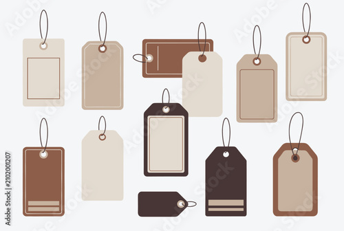 Various blank paper price tags and cardboard labels in brown and beige tones for merchandise pricing mockups.