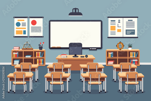 Clean modern school classroom interior layout featuring neat student desks, teacher workstation, and a whiteboard.