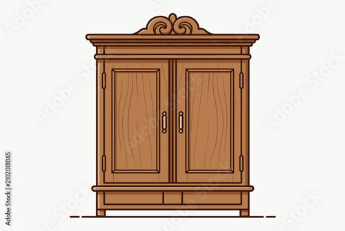 Classic antique wooden wardrobe with double doors and decorative crown molding shown in a flat vector illustration.