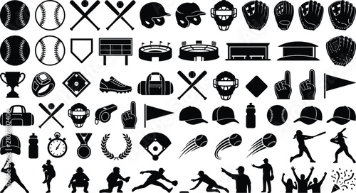 Bild auf Leinwand Baseball sports vector silhouette mega set featuring athletic equipment bats gloves helmets stadium scoreboard field players pitching batting and training elements