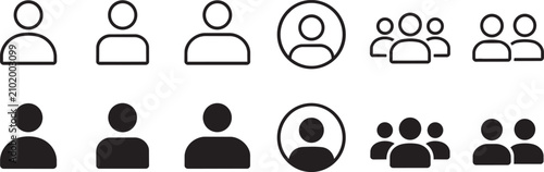 Minimalist user profile icons set, black outline and solid human avatar symbols, 12 vector person silhouettes for interface design and social media