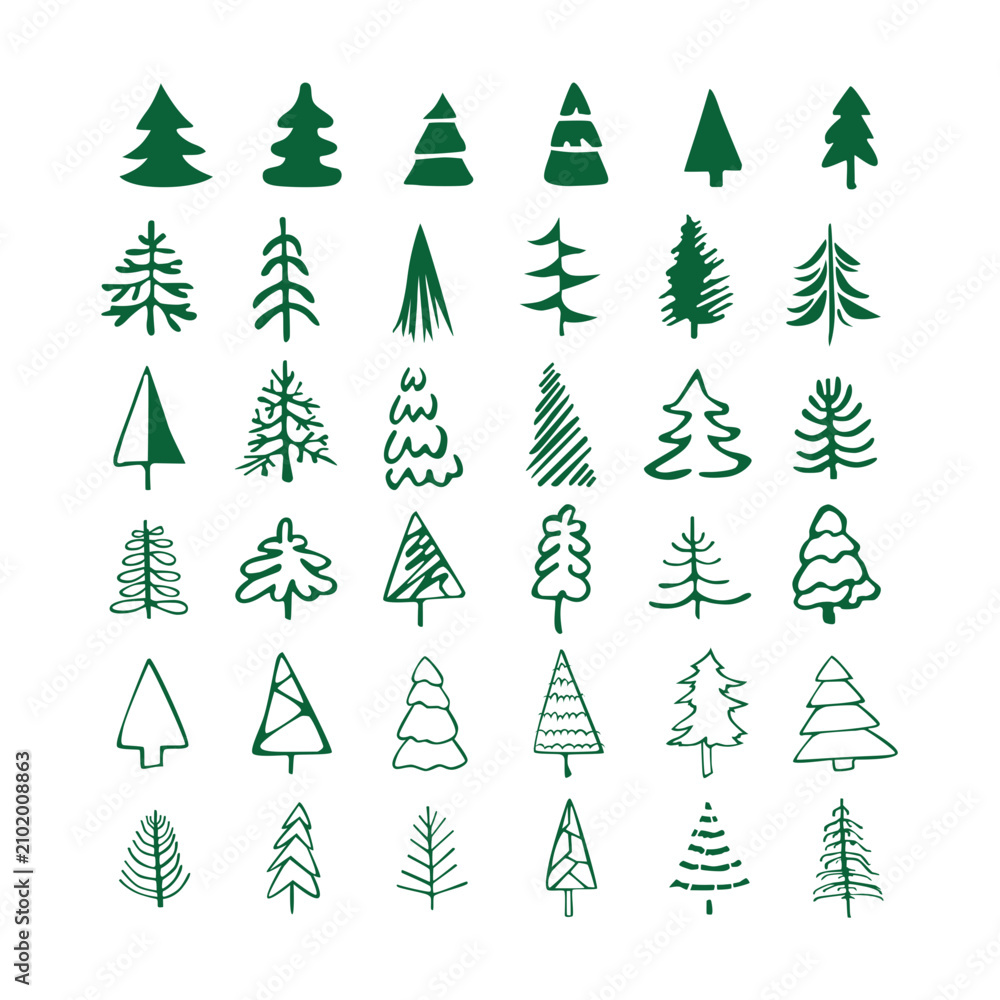 Obraz premium Flat design evergreen forest tree icon set for Christmas, nature, and outdoor graphics